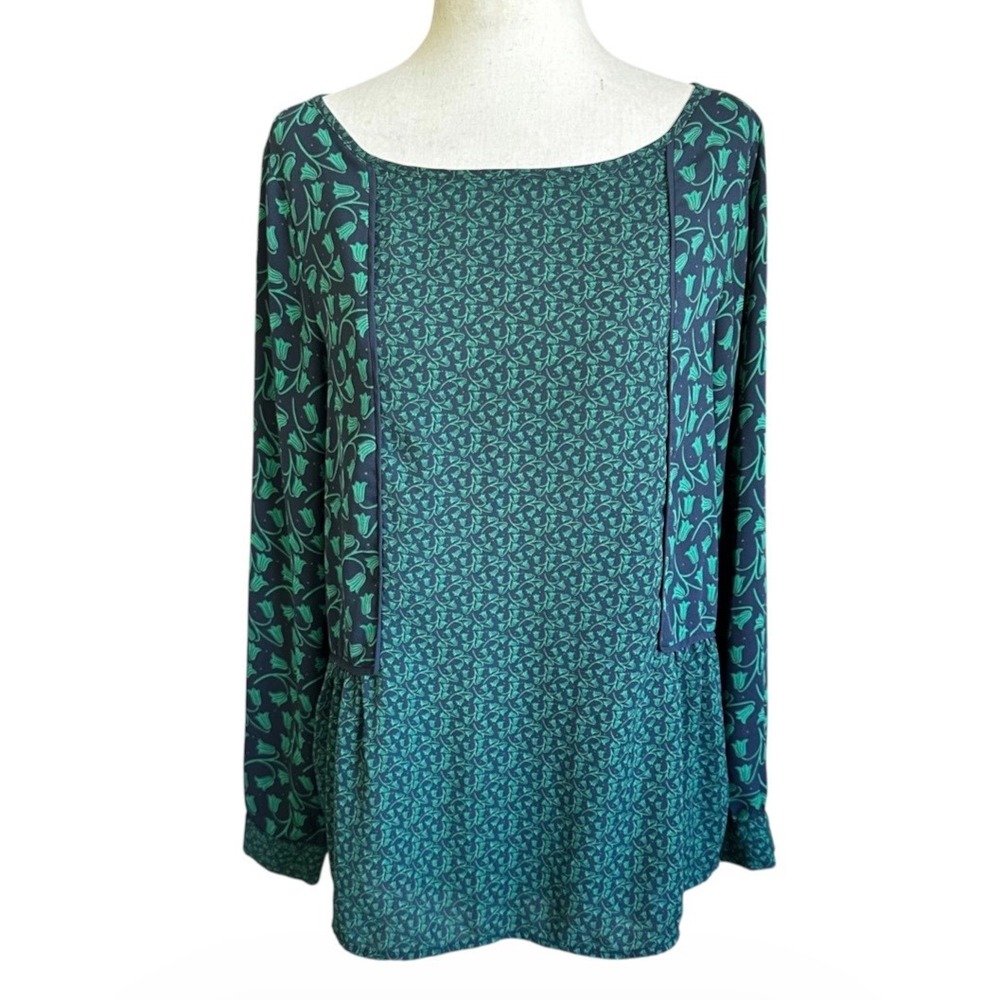 Ann Taylor LOFT Petites Green Navy Floral Peplum Blouse SP Mixed Print Top |0125